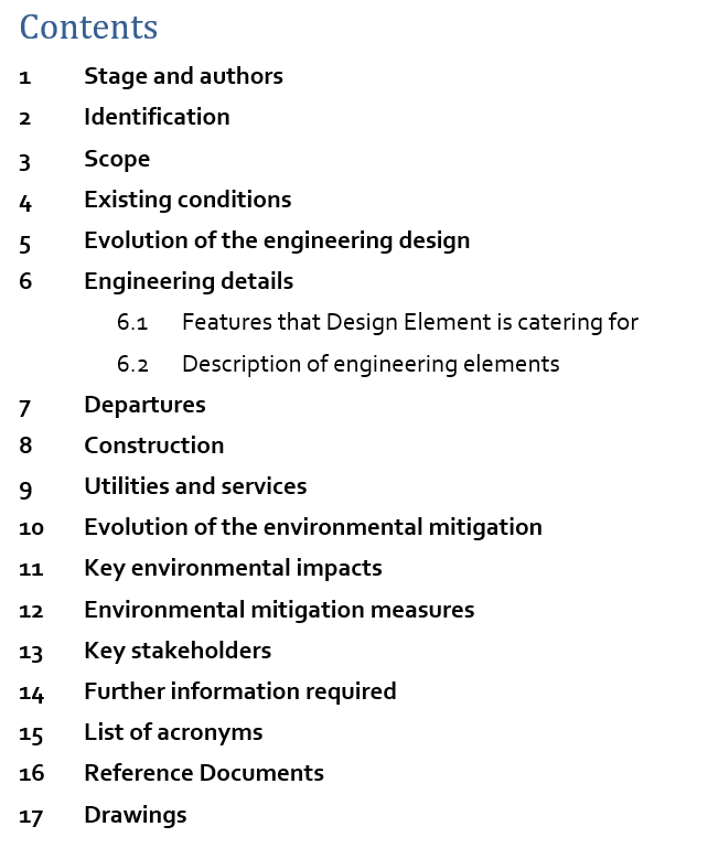 Screenshot of the contents  page of the Design Element Report 