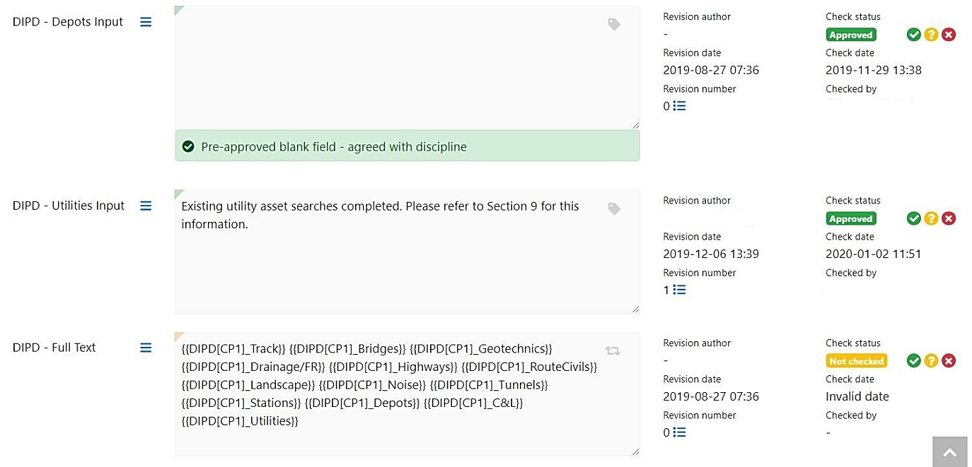 Table that shows the discipline specific data entry fields and the combined text “full text” field pre concatenation.