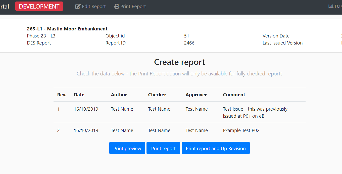 Screenshot of the DES Portal report production interface