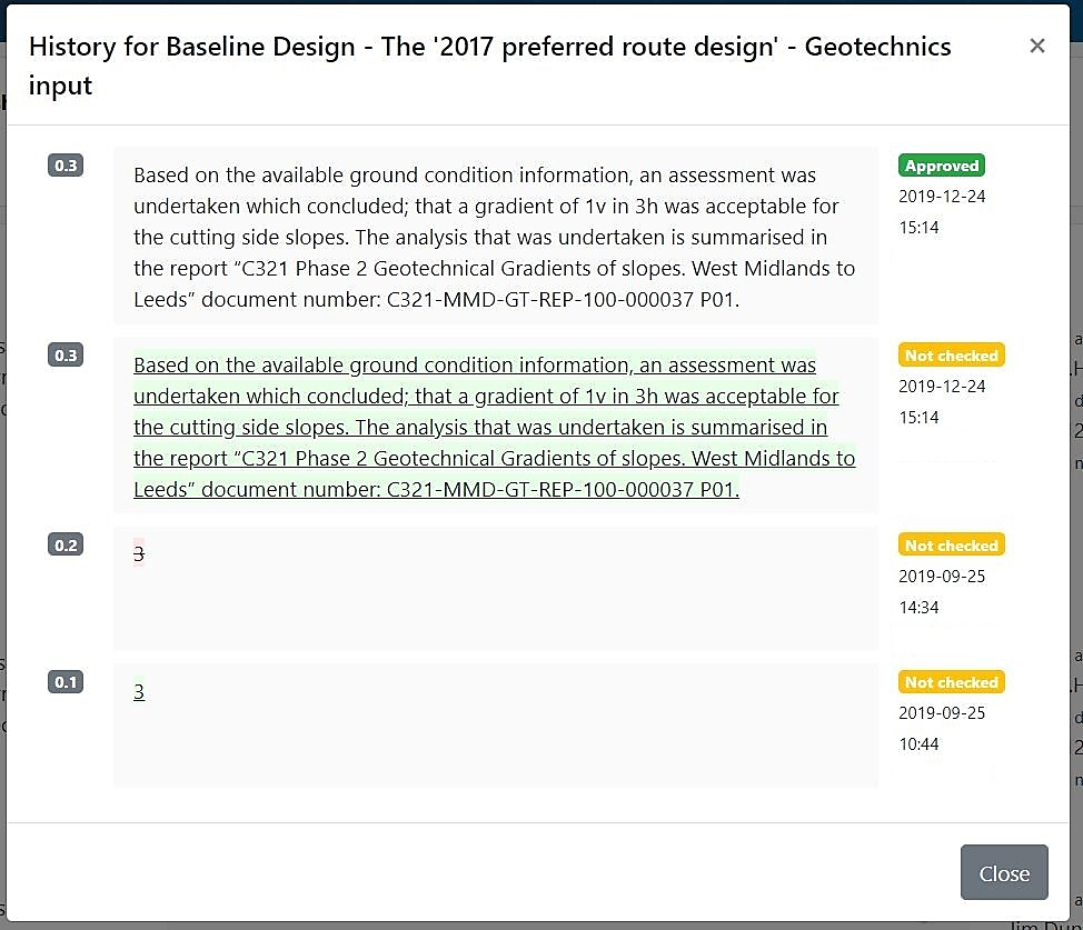 Screenshot of the revision history in the portal