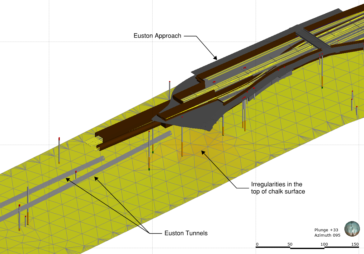 Picture showing the top of the chalk surface coloured by dip angle, The darker orange areas highlights the irregularities in the surface