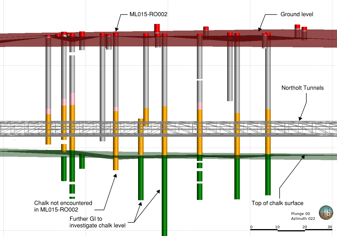 Picture showing the differing chalk levels at Greenpark Way Vent Shaft which identified anomalies that led to further ground investigation