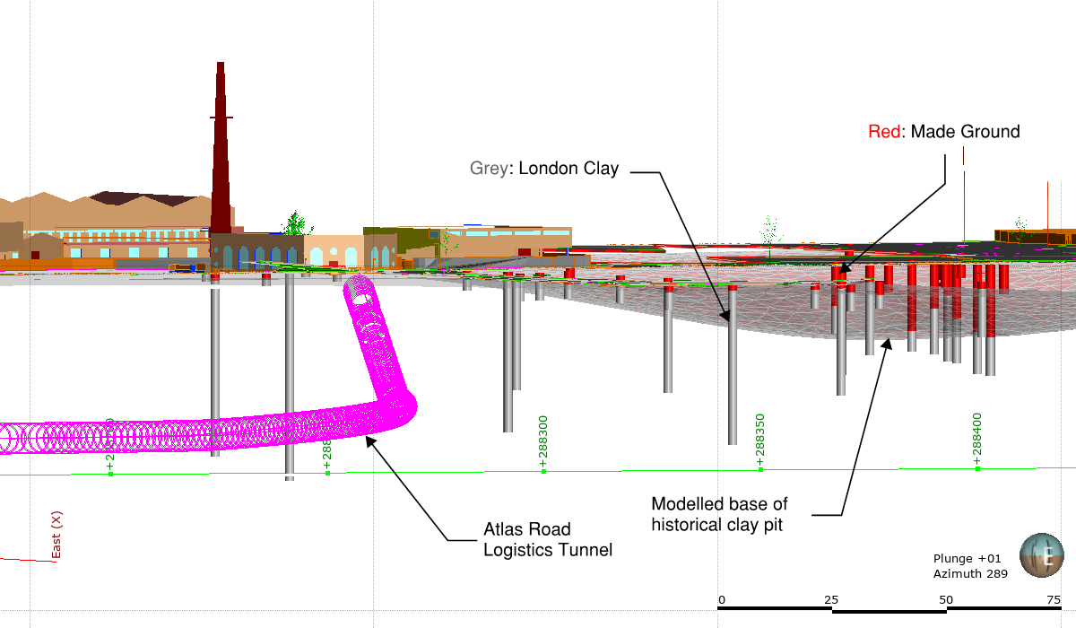 Picture of combined 3D BIM model and geological model showing the proximity of ARLT to the historical clay pit.