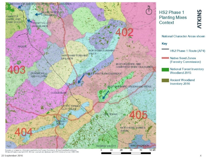 Map of HS2 Phase One route showing national character areas, native seed zones and woodland data