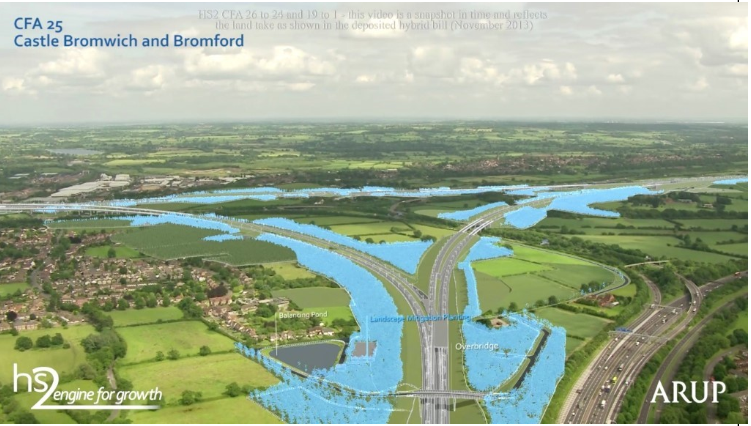 Visualisation of part of the HS2 route showing integrated landscape mitigation