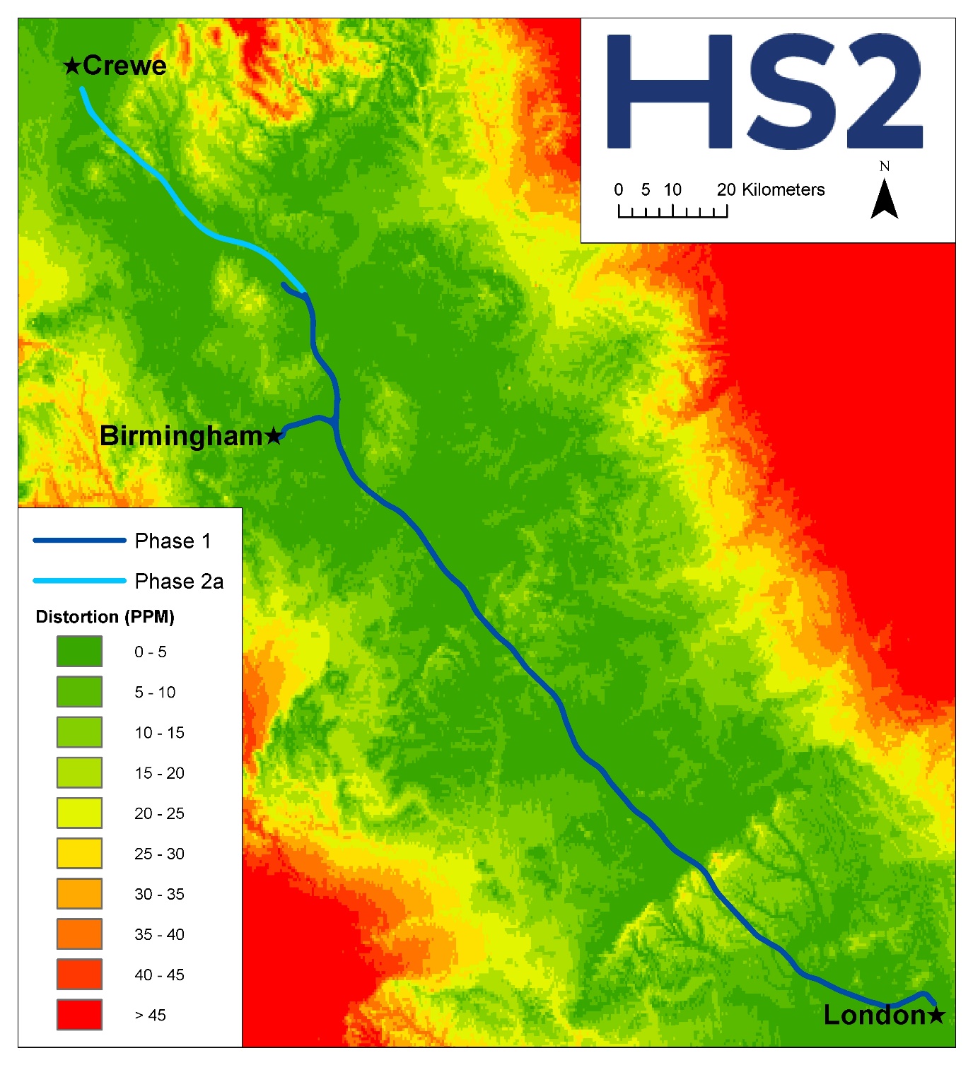 Map of distance distortion in the HS2 Survey Grid at ground level.