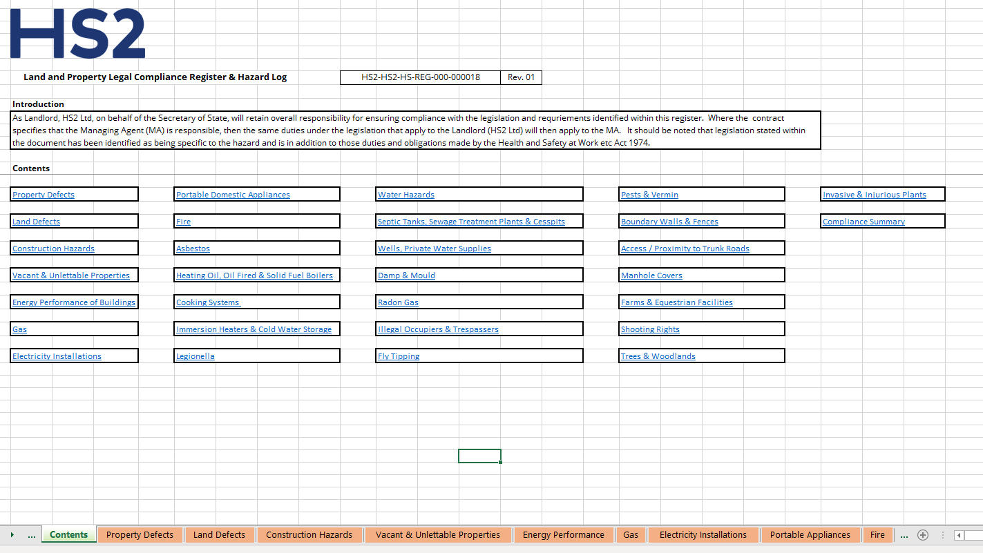 Spreadsheet showing contents page and tabulated structure