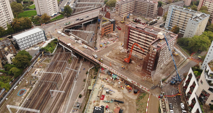 An aerial  view of a demolition curtain in action