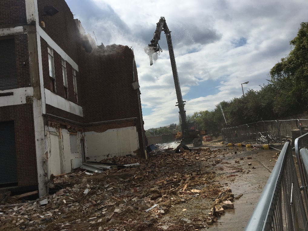 A picture demonstrating off-plan demolition of a building.  