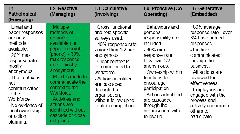 Table of assessment criteria for 5 levels of the cultural/climate surveys