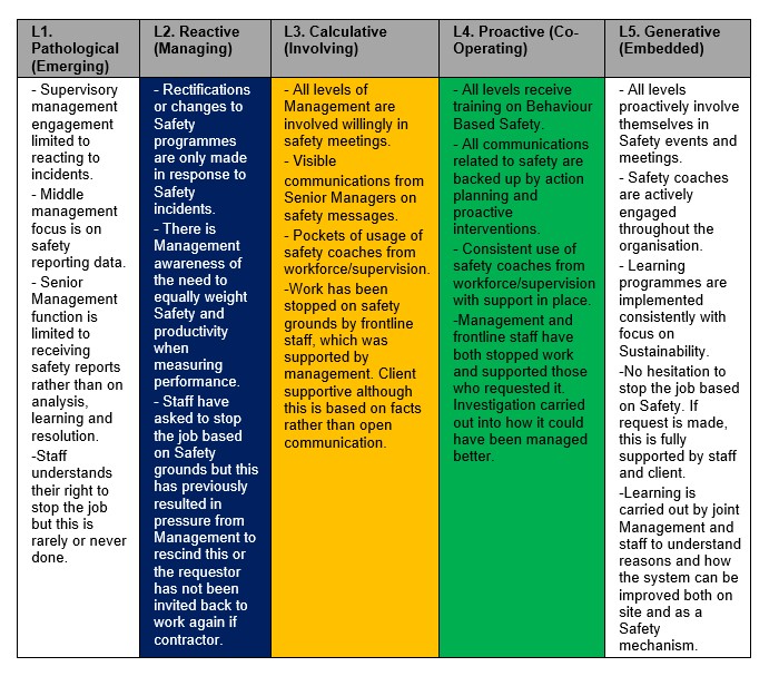 Table showing the 5 level maturity assessment criteria for engaging senior, middle and supervisory management