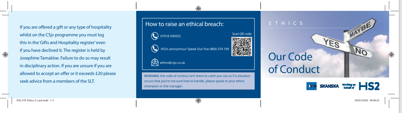 Picture of the credit card sized Z cards to raise awareness of reporting ethical breaches