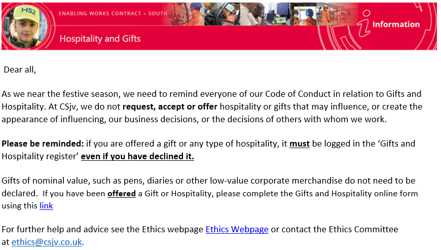 Screenshot showing regular email update reminding staff to declare gifts and hospitality on the register