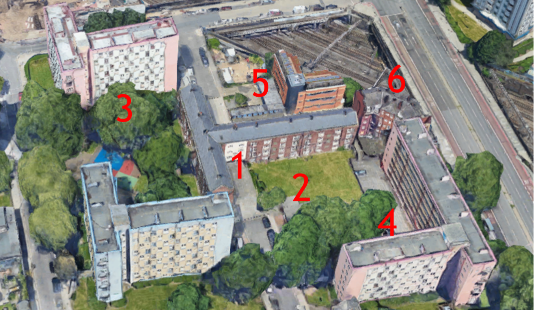 Ariel layout of the six  buildings that make up Regent's Park Estate