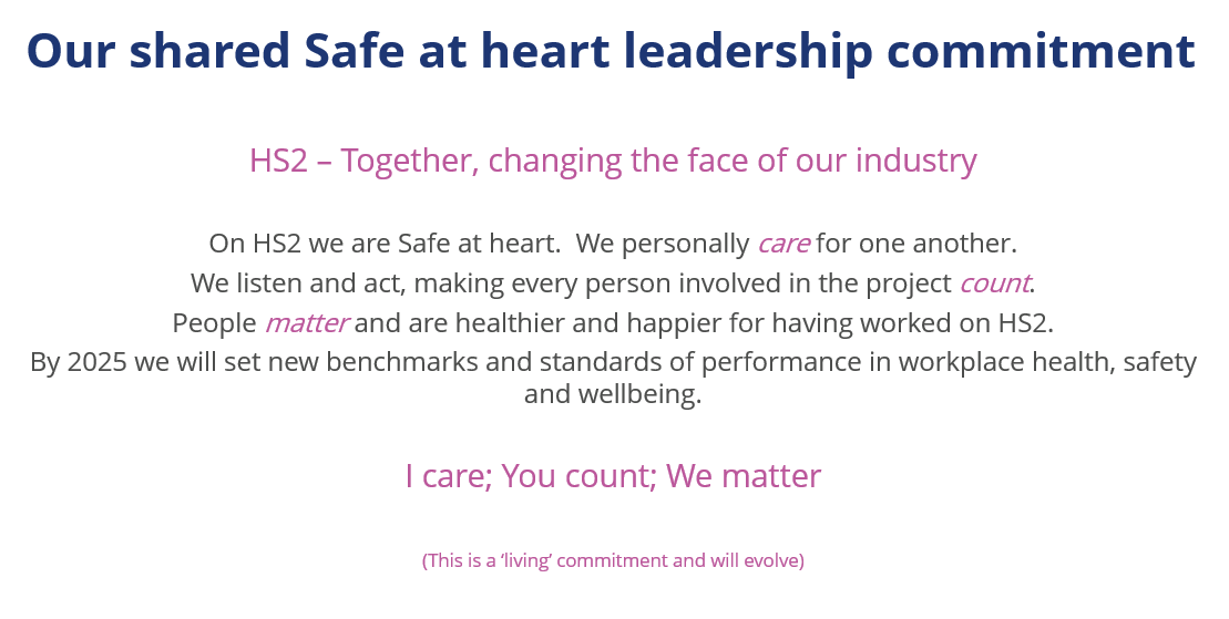 Picture of HS2's shared leadership commitment to Safe at heart