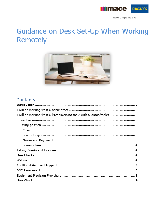 Picture of the contents page from the guidance for setting up a desk whilst working remotely
