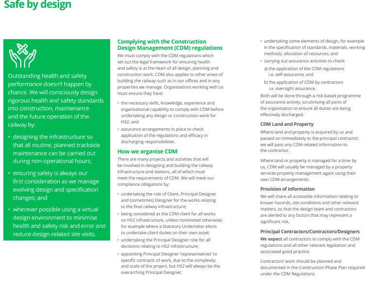 Screenshot of HS2 Safe by Design page taken from HS2 Supply Chain Health and Safety Approach 