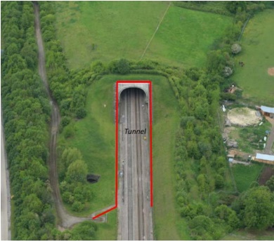 Overhead picture showing tunnel portal with access outlined in red