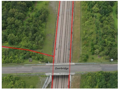 Overhead picture showing overbridge with access outlined in red