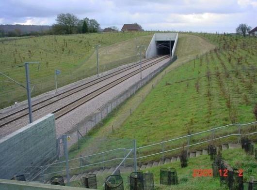 Picture showing rail tracks with fences and grass area alongside with planting in place