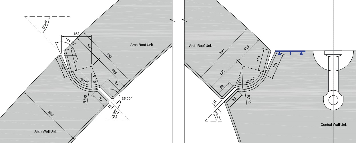 Diagram of  pin joint geometry at connection between Arch Wall / Central Wall and Arch Roof.