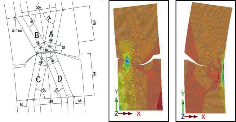 Figure 7. Analytical (Strut and Tie left) and finite element analysis (LUSAS right) of structural behaviour at pin joint