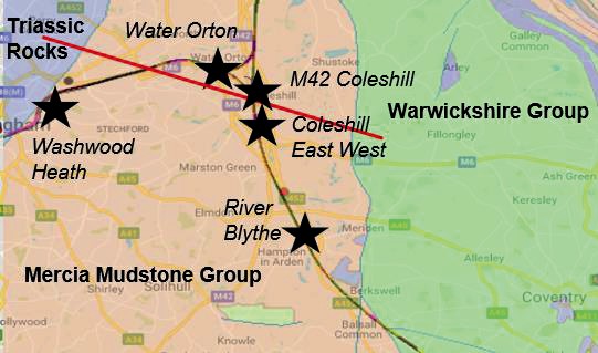 Map of pile test site locations relative to HS2 route and bedrock geology