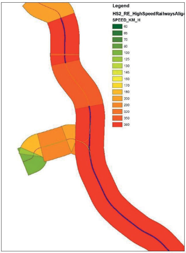 Map showing example of HS2 design speed buffers