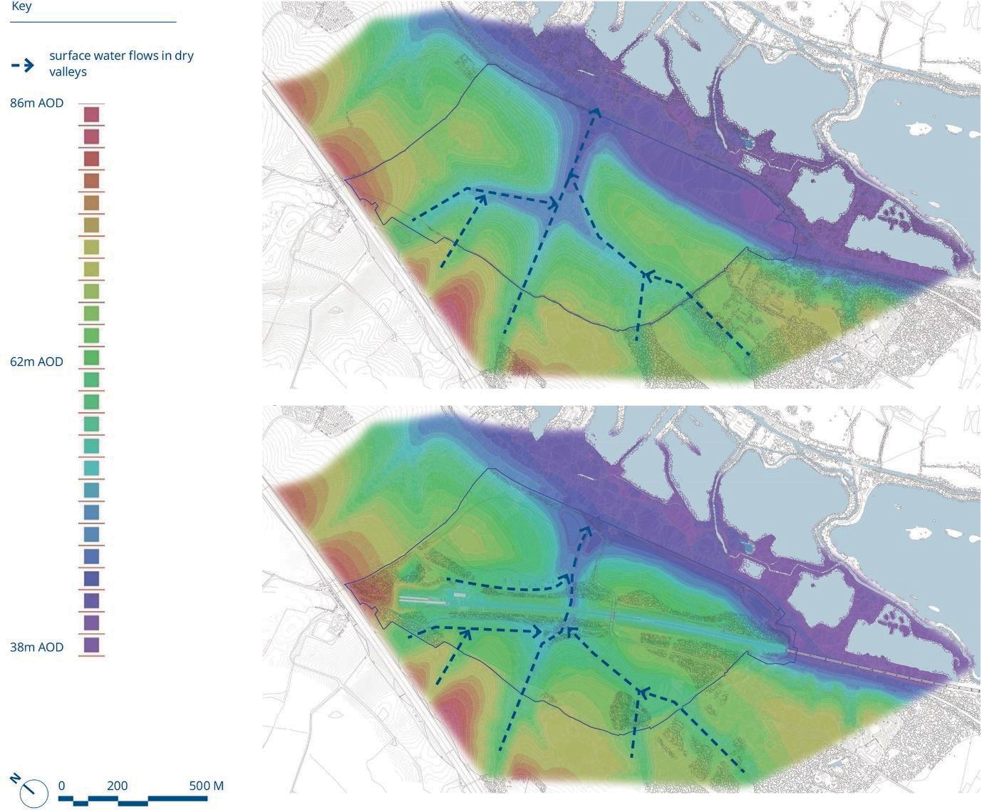 Site plans showing pre-mobilisation site levels (top) and final restored site levels (bottom)