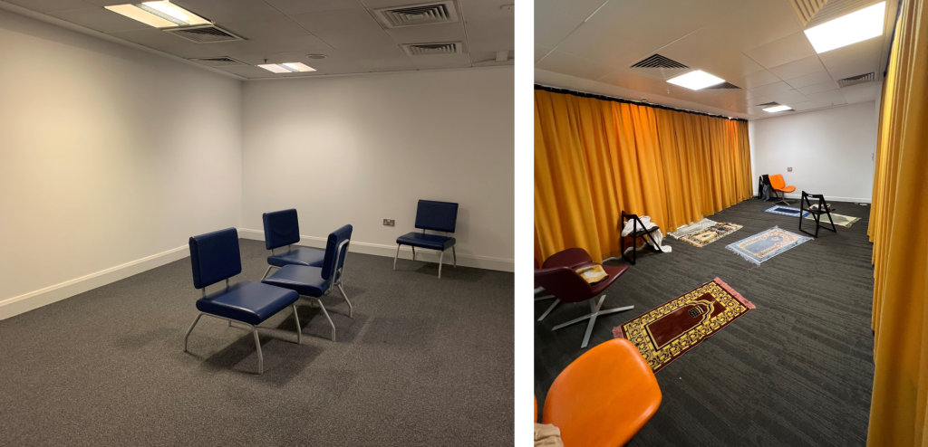 Pictures of two rooms.  The picture on the left is a room with 4 blue chairs in Birmingham New Street.  The picture on the right is a room with prayer mats and chairs at Heathrow airport 