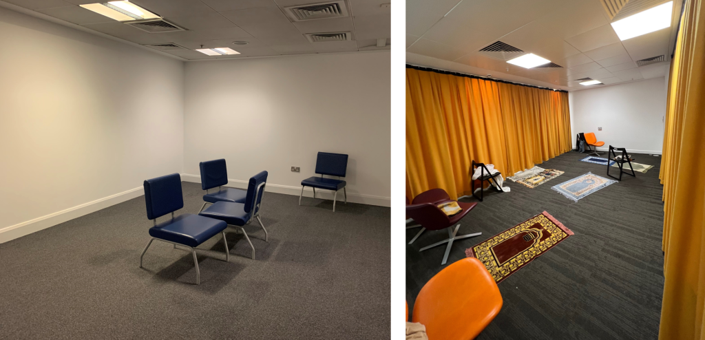 Pictures of two rooms.  The picture on the left is a room with 4 blue chairs in Birmingham New Street.  The picture on the right is a room with prayer mats and chairs at Heathrow airport 