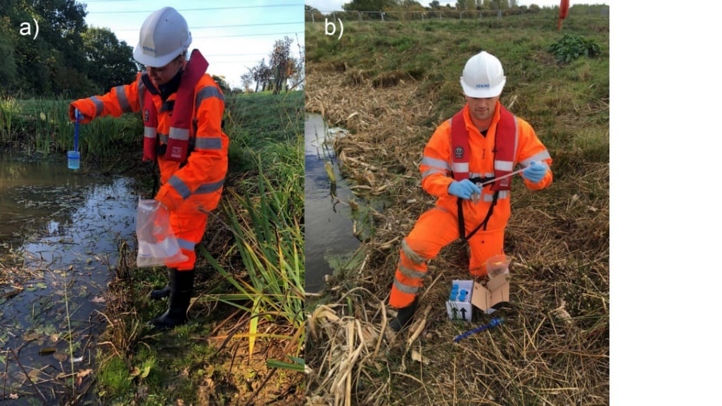 A picture of ecologists collecting water   for filtration and processing 

