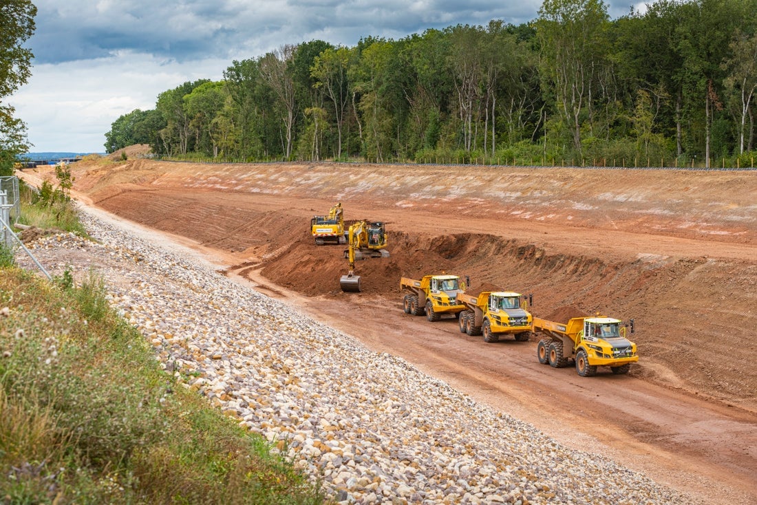 A construction site with several trucks at Cubbington Cutting, Warwickshire
