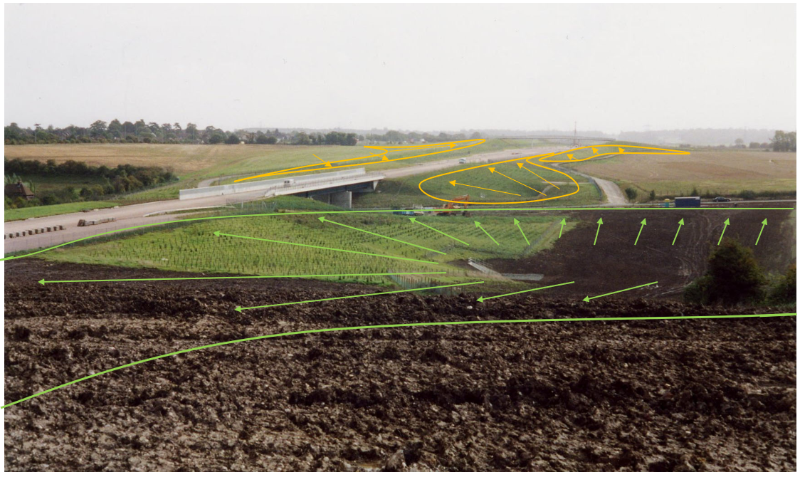 A field with green lines and a bridge

