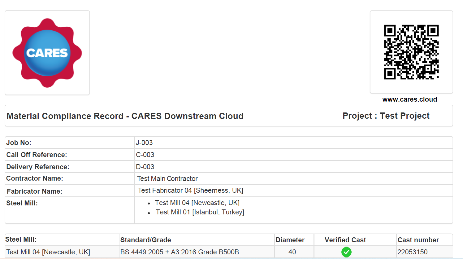 A screenshot of a computer screen compliance record with a QR code