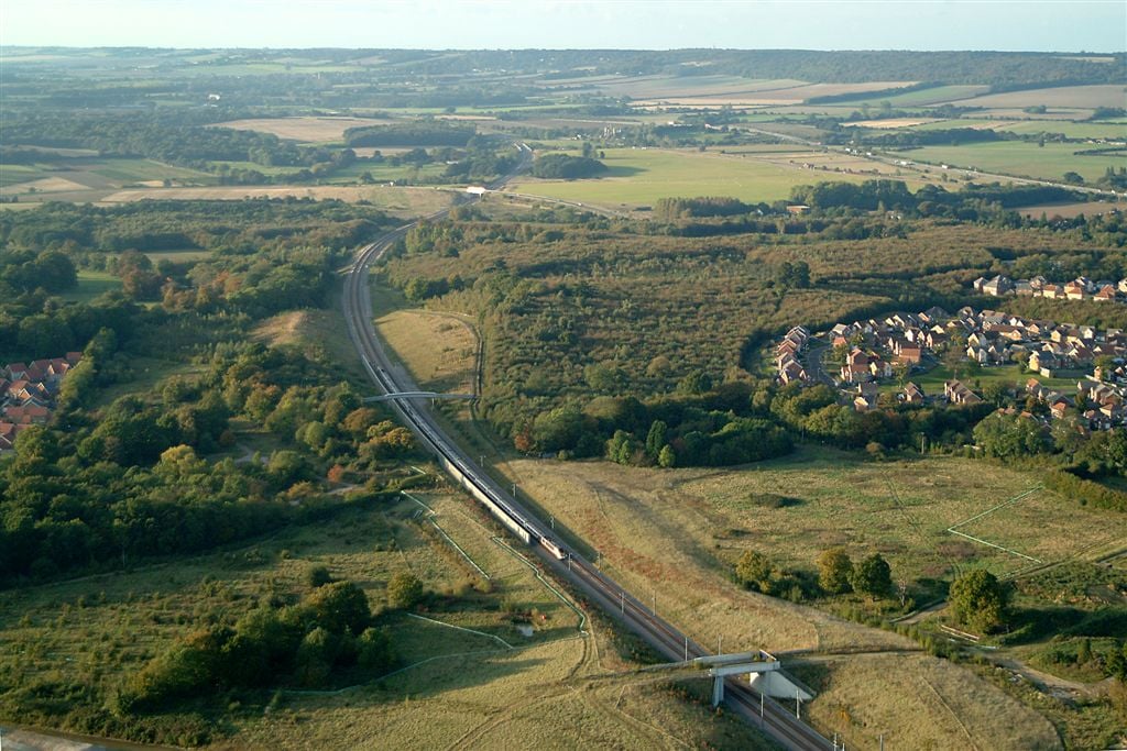 A train passing through a green landscape
