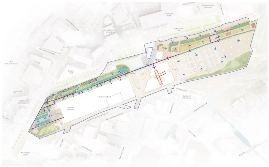 A map of the surface water management strategy at Curzon Street Station.
