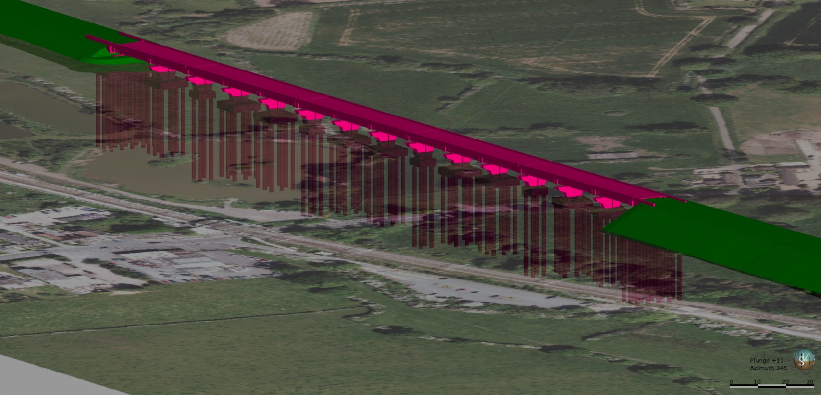 3D  picture of asset design model, an aeriel view of draped on project topography created from LiDAR