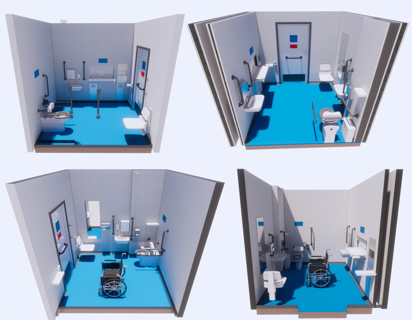 3D model of 4 different proposed layout designs for an  accessible toilet.
Top  two pictures show the layout without a wheelchair, the bottom two pictures show the layout with a wheelchair 