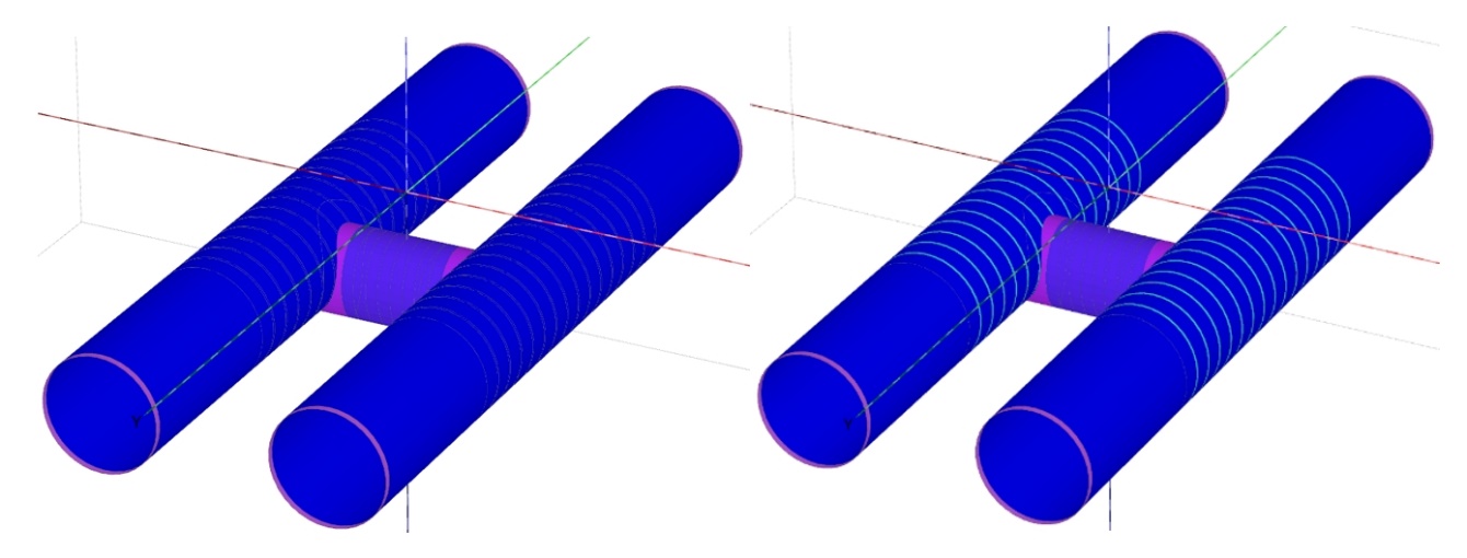 Two  bright blue parallel cylindrical tunnels connected and modelled in two situations. On the left a continuous tube. On the right a hinged connection 

Diagram showing analysis of two extreme conditions modelled as a continuous tube and as hinged connexions
 
