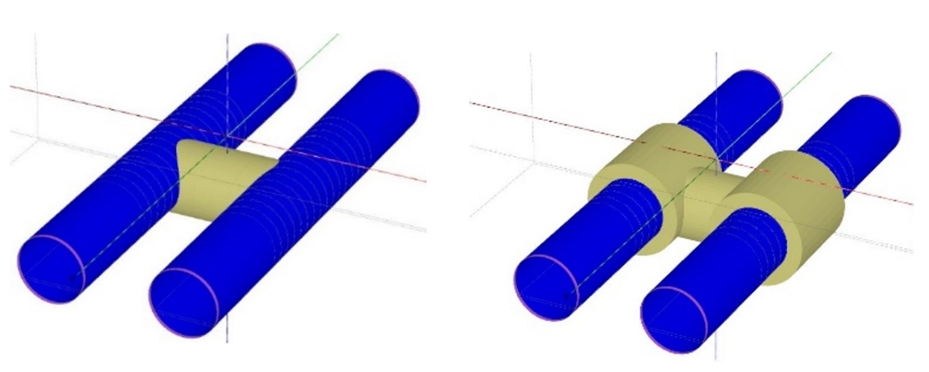 Two configurations of parallel cylindrical tunnels connected by two different types of cross passage shown in yellow