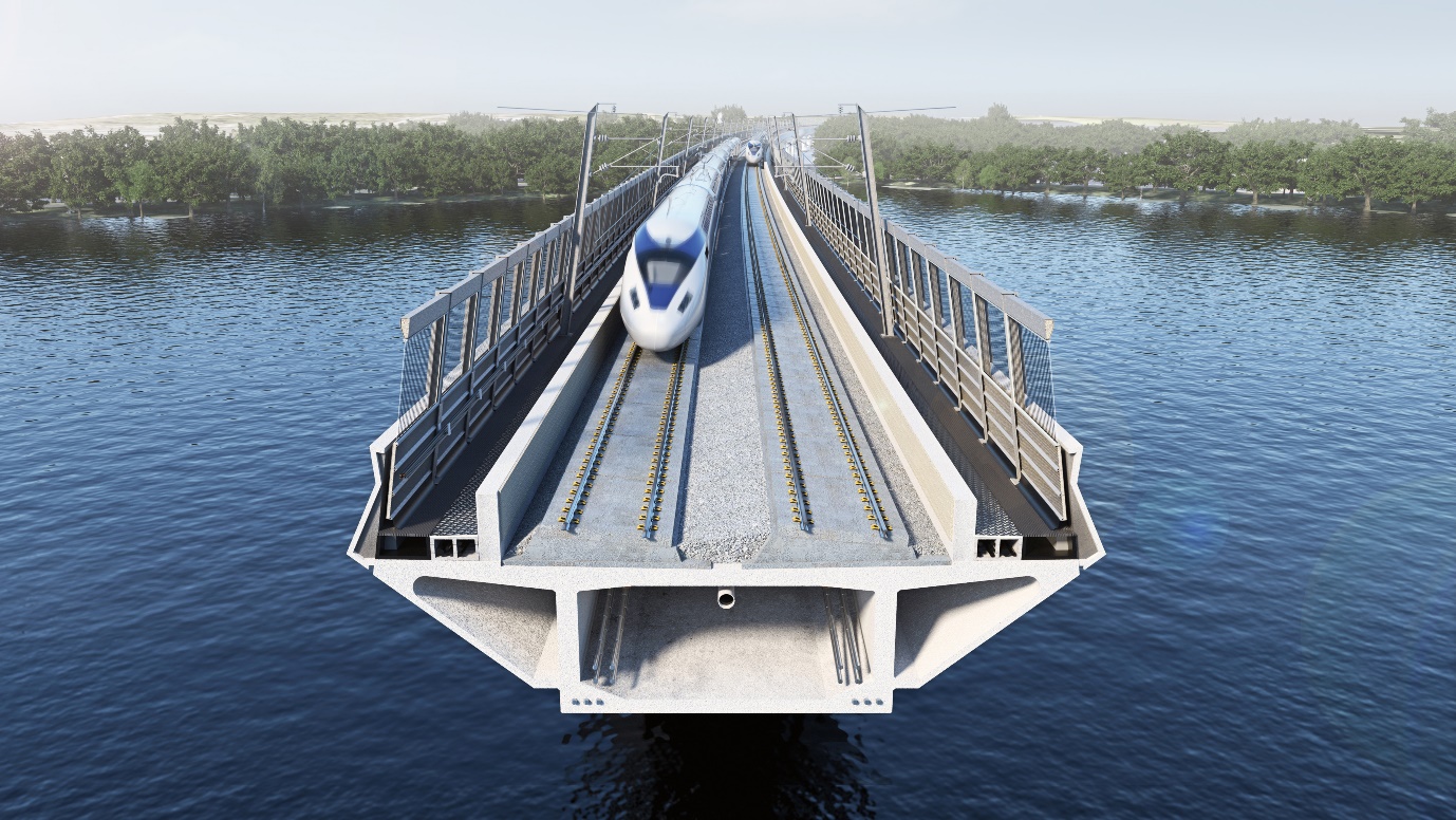 Visualisation  of cross section perspective of the viaduct over a lake  with two trains crossing 