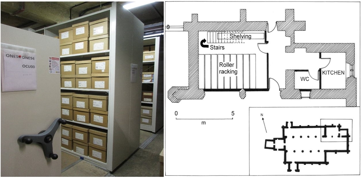 Picture of human remains archive store at the Museum of London, and the floor plan for the Church Archive of Human Remains at St Peter’s Barton -On -Humber