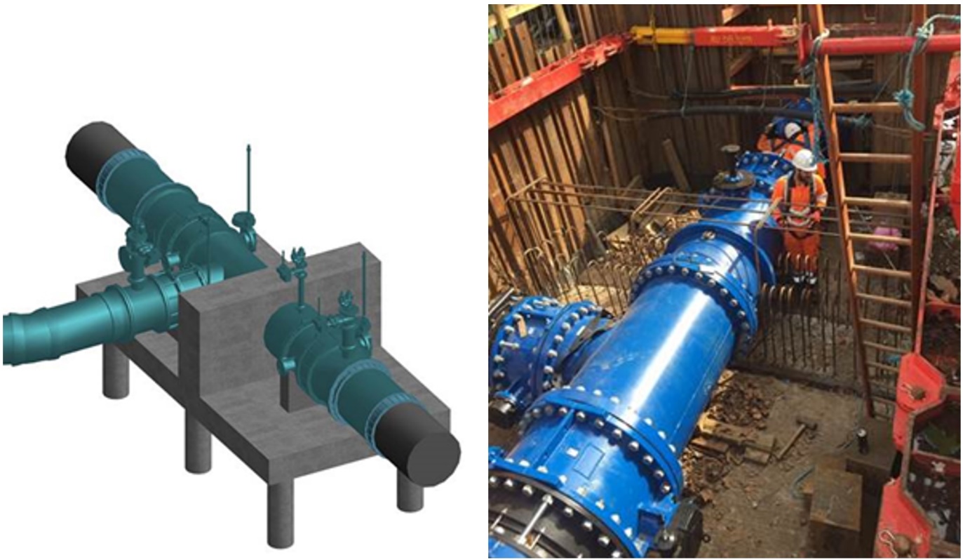 Picture of a 3D model of the southern connection in the left picture.   In the right  actual southern connection being used  during construction 