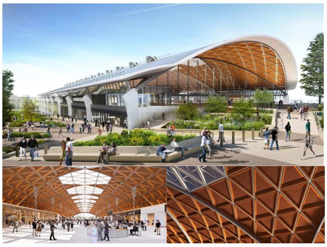 Picture of the architectural renderings of the completed Birmingham Curzon Street Station roof and internal main roof structure, incorporating timber soffits
