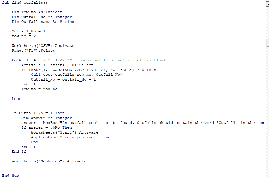 Picture of the extract of a typical VBA routine from the tool