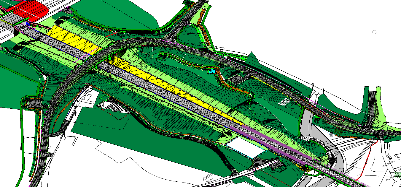 Picture showing an excerpt from Streethay Cutting Federated Model with a focus on the area around Cappers Lane overbridge and the landscape integration intent post scheme