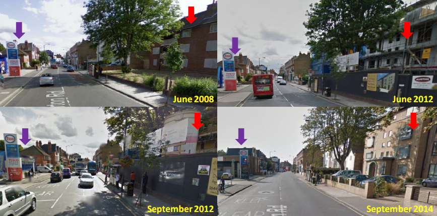 Pictures showing the process of demolition of houses, excavation and construction of flats on Merton Road London between 2008- 2014. 