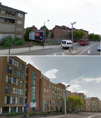 Picture of blocks of flats opposite the AQMS in Greenwich London . Top picture shows flats were demolished in and bottom picture showing new housing estate