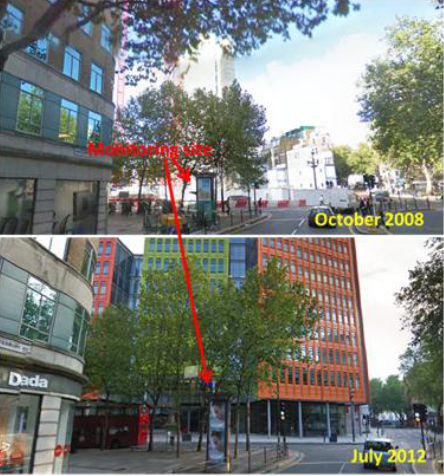 Picture of a demolition & construction of 15 floor office retail and residential in Shaftesbury Avenue, London between 2008-2012TOp picture is of the area in 2008 and bottom picture is the area in 2012